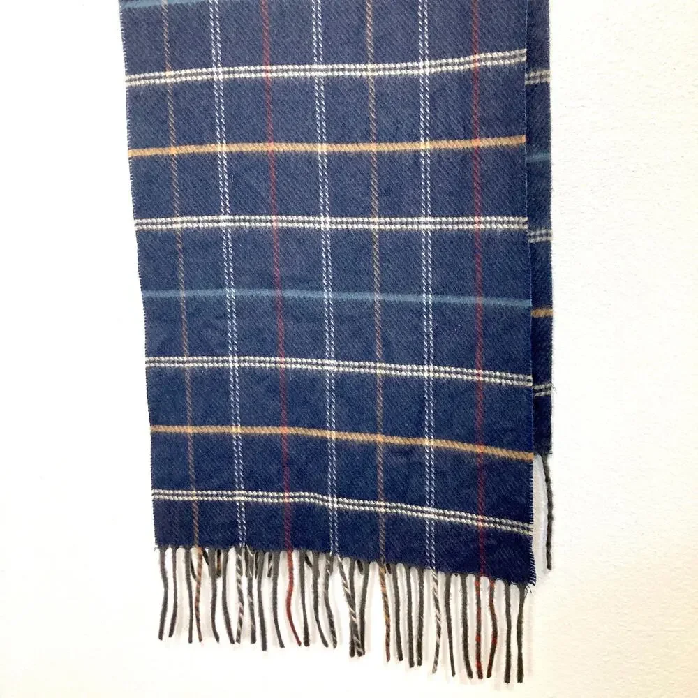 Perry Ellis Vintage Navy Plaid Fleece Scarf 11 x 65 Classic Preppy Warm 90s